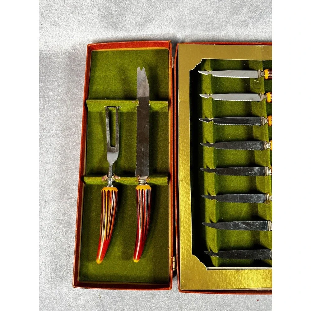 Vintage Sheffield England 12 Pc Steak Carving Knife Set Faux Stag Handles Box